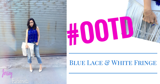 Blue Lace Top & a White Fringe Clutch