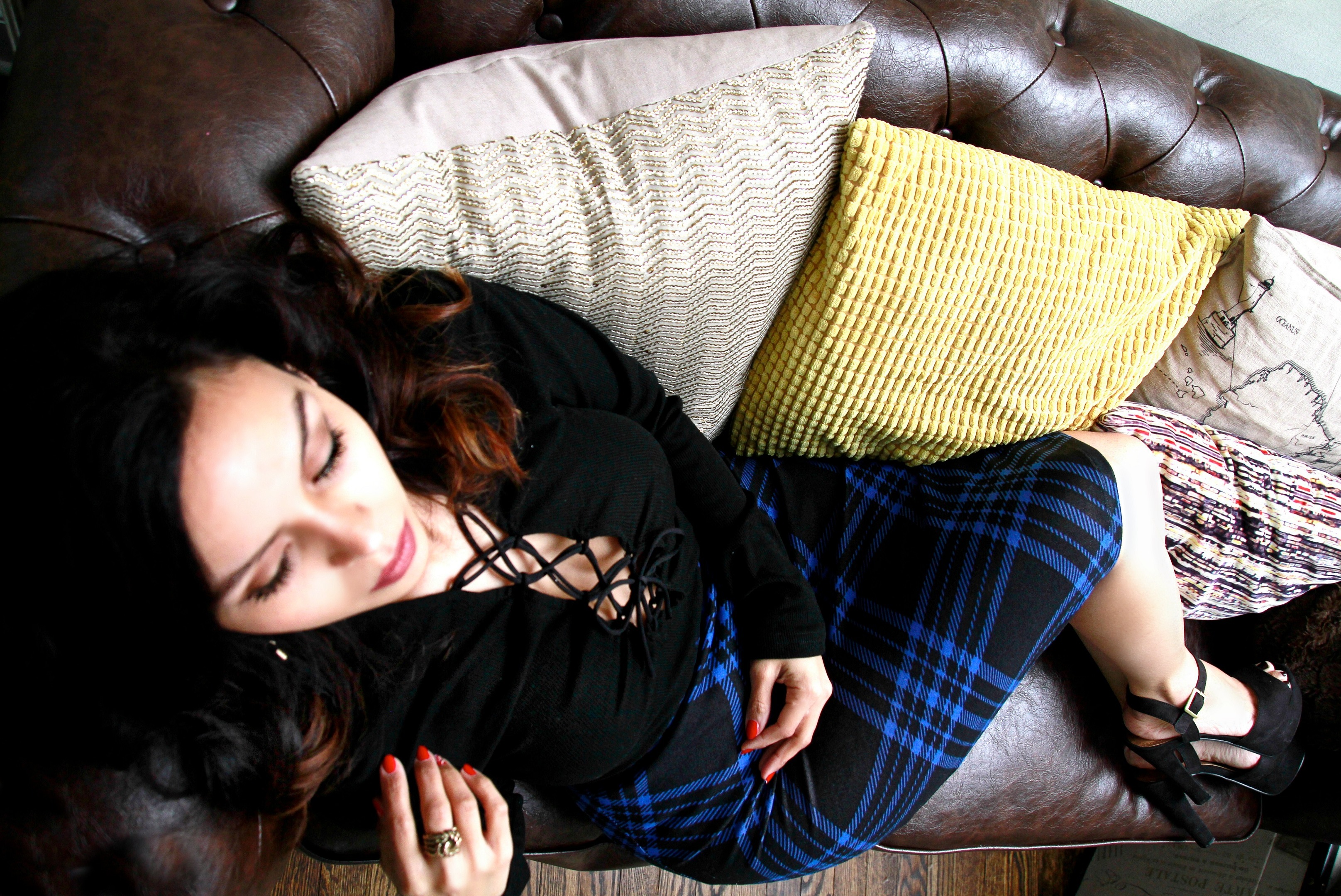 Lace Up Top & Plaid Pencil Skirt