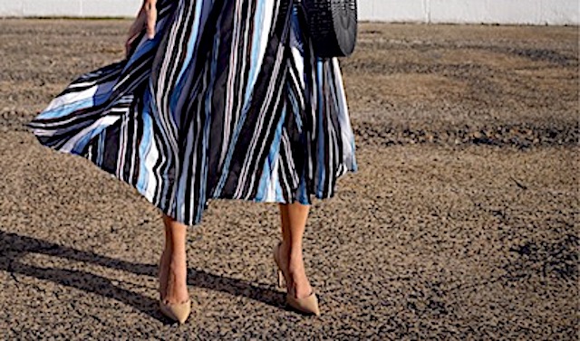 Striped Dress, Nude Pumps and a Bamboo Clutch